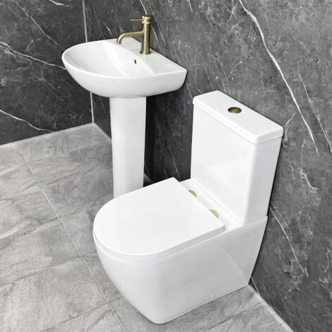 Tornado Flush Bathroom Suite Toilet with Brass Flush Button & Hinges Closed Back, Without Tap