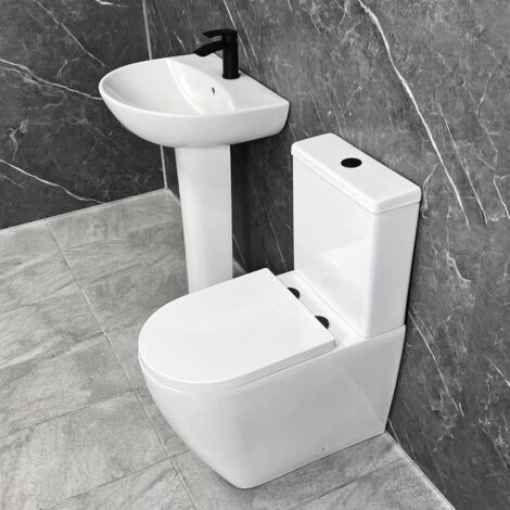 Tornado Flush Toilet & Basin Suite with Black Flush Button & Hinges Closed Back, Without Tap