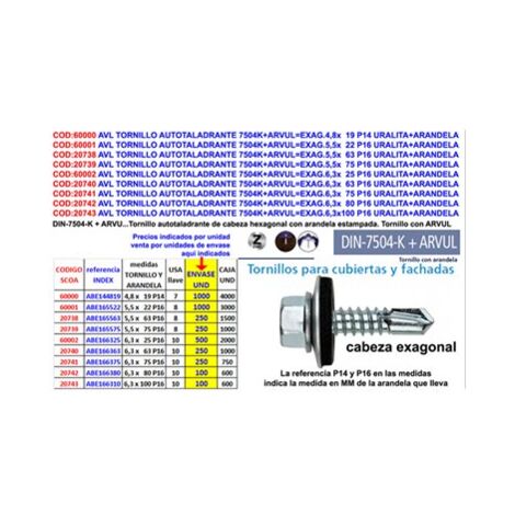 Tornillo autotaladrante AVL 7504K con arandela exagonal 5.5x25 P16AB165525