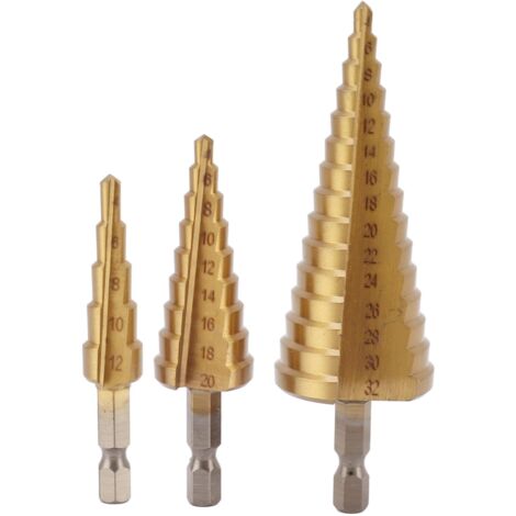 Tornillo de banco triangular de acero tipo pagoda con rodamientos de bolas, incluye 3 brocas escalonadas (4–32 mm, 4–20 mm, 4–12 mm) para madera y metal.