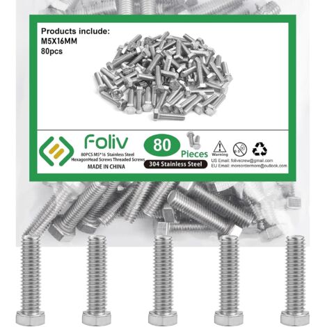 TORNILLO HEXAGONAL M516MM M5x16MM ROSCA COMPLETA DE ACERO INOXIDABLE 304 80 piezas
