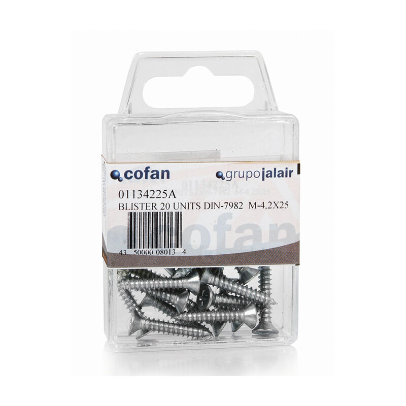 

Tornillo Roscachapa Cabeza Avellanada Phillips DIN 7982 Blister Estandar Medida:4,2 x 25 10 Cajas de 20 unidades