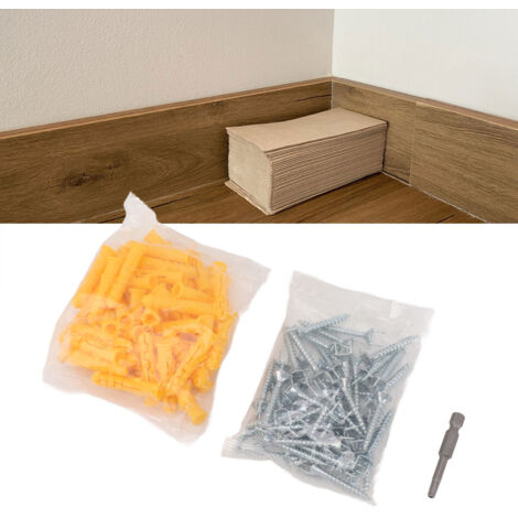 Tornillos de doble cabeza para zócalos (50 unidades) con tacos (50 unidades) y punta de destornillador, accesorios para bricolaje, acero inoxidable y plástico, montaje empotrado.