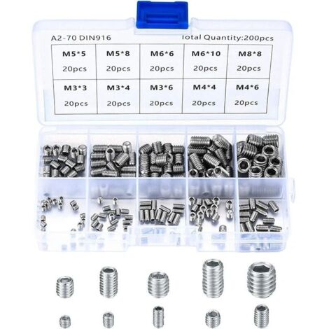 Tornillos prisioneros de acero inoxidable, tornillos para máquina M3, M4, M5, M6 y M8, kit surtido de tornillos de punta (200 piezas) - DPZO