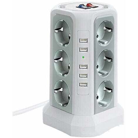 Torre con protección contra sobretensiones y tomacorrientes, regleta con 5 puertos USB y 12 tomacorrientes, regleta con 3 interruptores, color blanco.