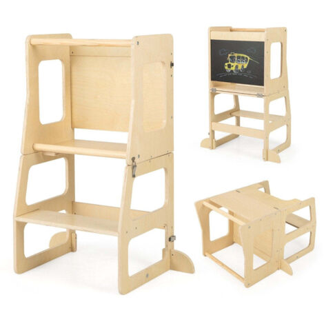 Torre de aprendizaje 3 en 1 para niños, taburete plegable, pizarra y mesa para niños a partir de 1 año, torre de pie natural