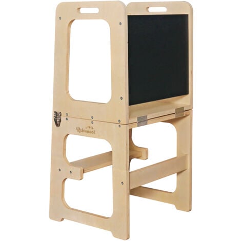 Torre de Aprendizaje Montessori Robincool Evolutive II Natural 43x40x86cm Barra de Seguridad, Pizarra y Convertible en Pupitre