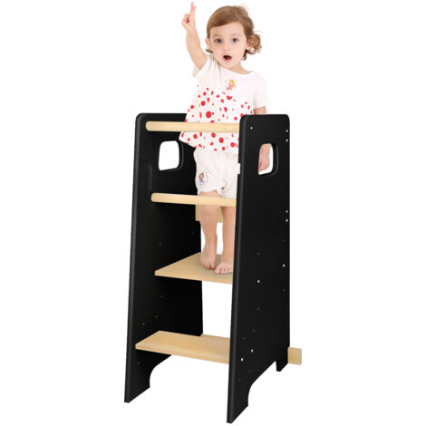 Torre di apprendimento per bambini piccoli - Poggiapiedi antiscivolo con doppia sponda di sicurezza - Nero