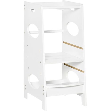 TORRE MONTESSORIANA PER BAMBINI. LEARNING TOWER CON ALTEZZA REGOLABILE IN MDF. 40X50X90CM. BIANCO