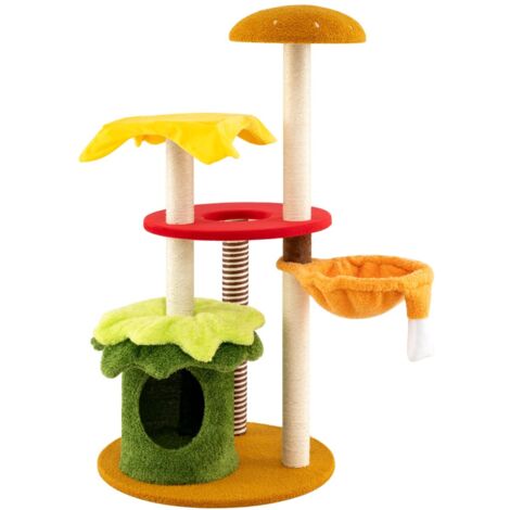 Torre multi-livello per gatti a tema hamburger con letto a cestino sospeso, Albero per gatti 117 cm tiragraffi in sisal Verde