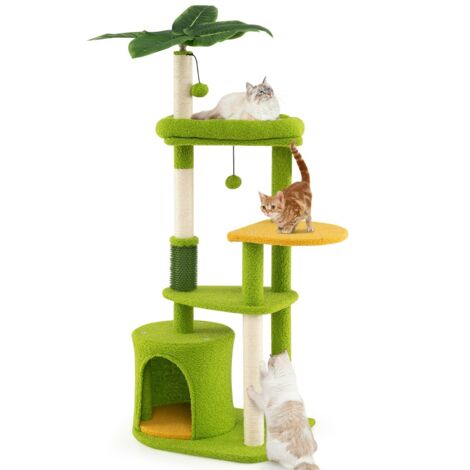 Torre multi-livello per gatti con foglie artificiali e postazione imbottita, Centro attività per animali domestici Verde