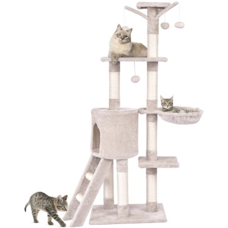Torre multi-livello per gatti con tiragraffi in sisal e palline pendenti, Centro attività per gattini da interno Beige