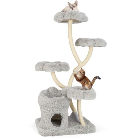 Torre per gatti autoportante tiragraffi in sisal, Albero per gatti con 4 piattaforme a forma di fiore Grigio