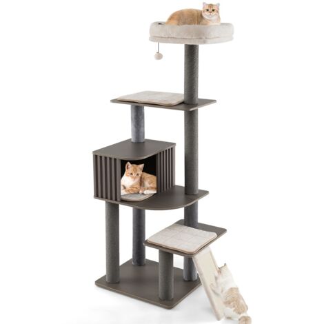Torre per gatti con cuscino condominio per gatti tappetini staccabili in sisal, Albero per gatti alto 171 cm con pompom pendente Grigio