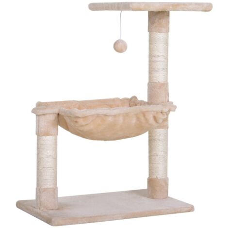 TORRE PER GATTI MAX 3.6KG CON AMACA E PALLINA APPESA. IN LEGNO E PELUCHE. 50X36X70 CM. BEIGE