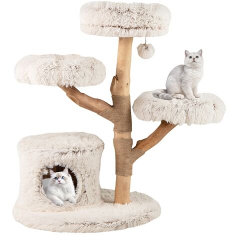 Torre per gattini in legno alta 102 CM con condominio 2 piattaforme a forma di fiore trespolo, Moderno albero per gatti Bianco