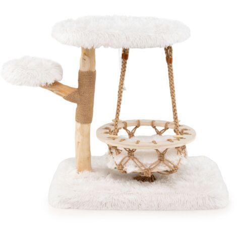 Torre per gattini moderna con dondolo appeso tiragraffi piattaforme imbottite, Albero per gatti in legno carino Bianco