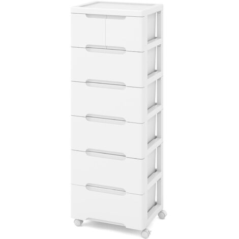 Torre portaoggetti con ruote, Mobiletto verticale a 6 cassetti, Ruote universali e bloccabili, Carrello portaoggetti, Bianco