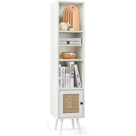 Torre portaoggetti in rattan con anta e gambe in legno massello, 29,5 x 29,5 x 137 cm, bianco