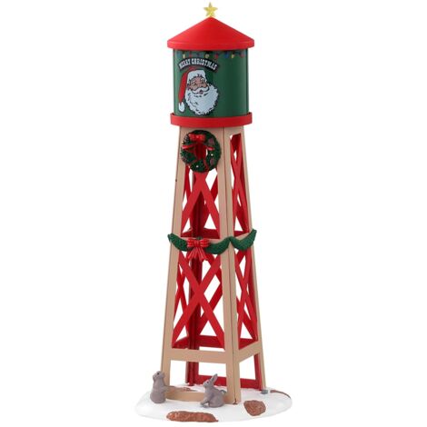 Torre rossa e verde con ghirlande decorazione per villaggio di Natale "Rustic Water Tower"