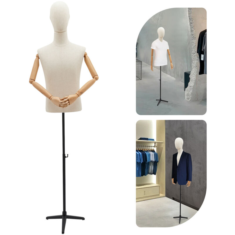 Torse de mannequin masculin avec tête, corps de mannequin masculin avec bras en bois massif, mannequin de vêtements réglable en hauteur (76 pouces)