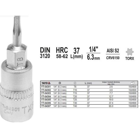 TORX-SCHLÜSSEL 1/4"" T20 L37 YATO