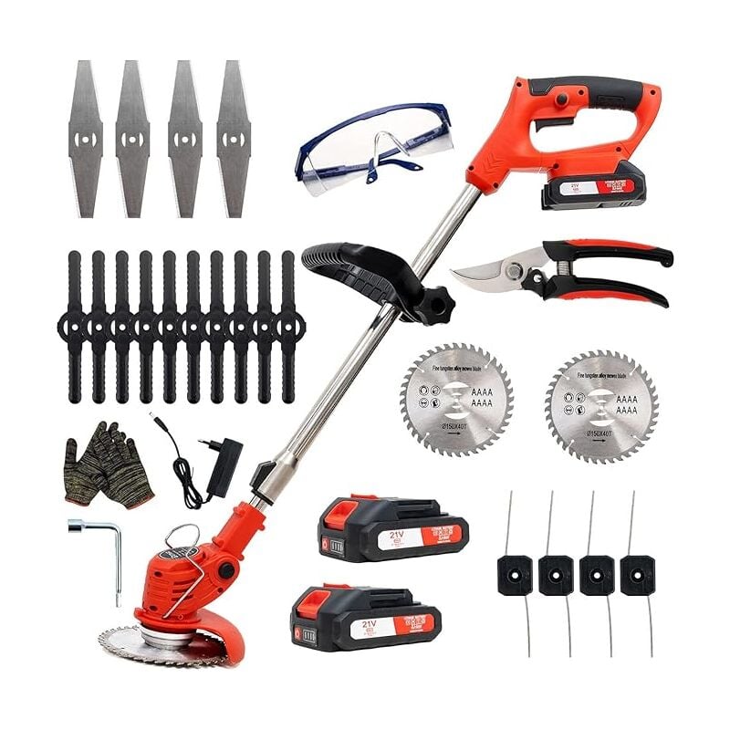 Coupe-bordure sans fil, coupe-herbe électrique avec kits de lames avec 2 batteries et 4 lames, hauteur et angle réglables, tondeuse pour tondre la