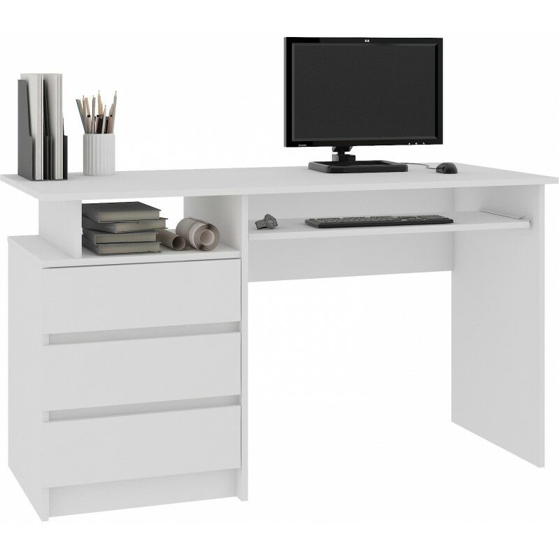 

TOSKA | Escritorio para ordenador moderno 135x77x60 cm | Bandeja grande + 3 cajones + nicho de almacenamiento | Mesa de ordenador - Blanco