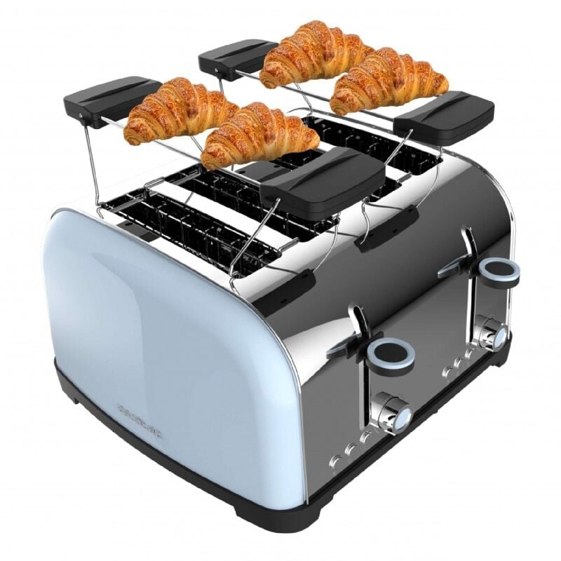 Tostador vertical Toastin' time 1700 Double Blue, 1700W de Potencia, Doble ranura corta y ranura ancha 3,8cm, Varillas Superiores, Acero Inoxidable,