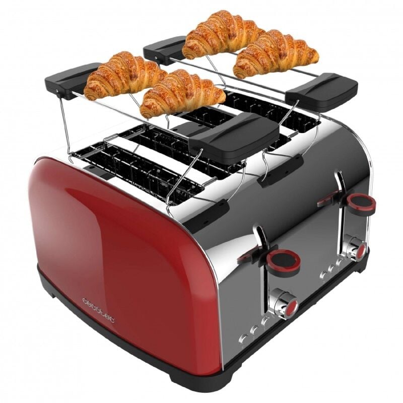 Tostador vertical de acero con cuatro ranuras cortas, 1700 w de potencia y soporte para panecillos.