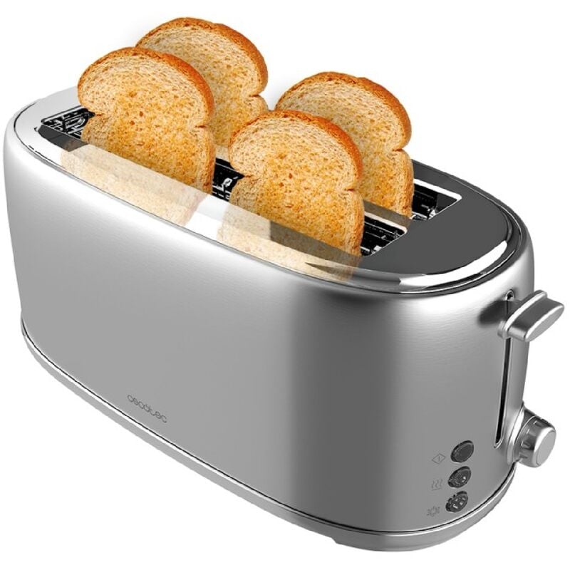 Cecotec - Tostadora 4 Rebanadas Toast&Taste 1600 Retro Double Inox. 1630 w, 2 Ranuras Anchas de 3,8 cm y Largas, Acero Inoxidable, Varillas