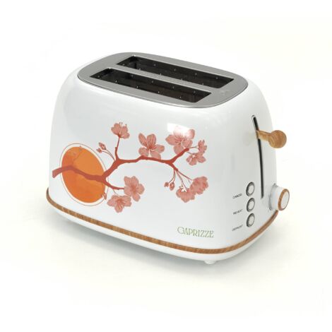Tostadora de Pan Caprizze Kaito con Doble Ranura Extra Ancha 6 Niveles de Tostado Decoración Floral y Efecto Madera Blanca Mate