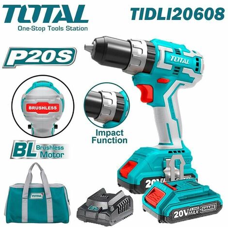 TOTAL - Trapano a Percussione, 2 Batterie, 50 Accessori, Borsa - 45 Nm