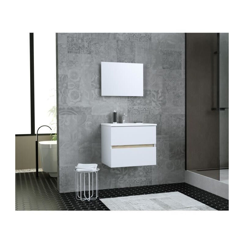 Les Tendances - totem Salle de bain 60cm - 2 tiroirs fermetures ralenties - simple vasque en ceramique + miroir