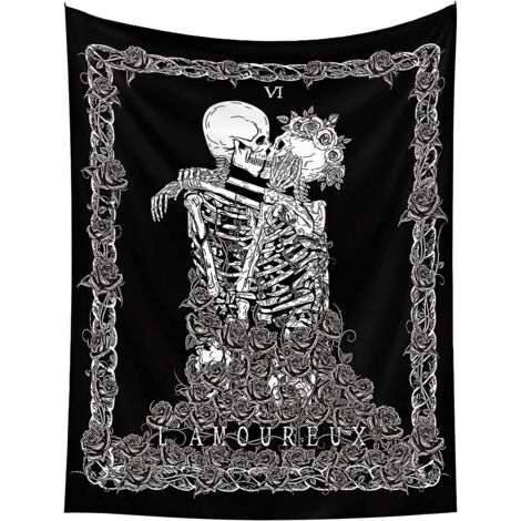 Totenkopf-Tapisserie, Wandbehang, Liebhaber-Küsse-Tapisserie, Wandbehang, schwarz, Tarot-Tapisserie, Skelettdecke, Stoffdekoration für Schlafzimmer, Wohnzimmer, 73 x 95 cm