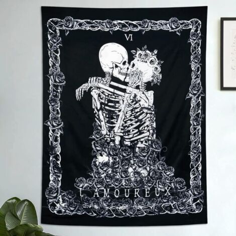 Totenkopf-Wandteppich, küssende Liebende, Schwarz-Weiß-Wandbehang, Wandteppich mit menschlichem Skelett und Rosenkranz