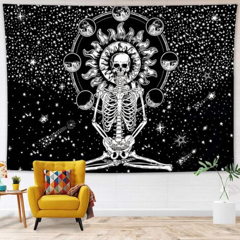 Totenkopf-Wandteppich, Wandbehang, Schwarz-Weiß-Universum