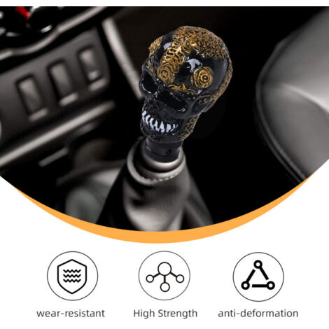 Totenkopfförmiger Schalthebel für Fahrzeugmodifikationen, individueller Schalthebel, goldgemusterter Schalthebel, silberne Innenausstattung, ein Set.