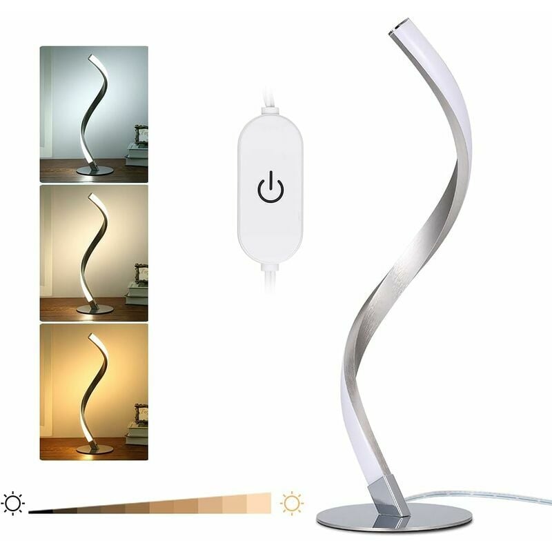 Touch Control Bedside Table Lamp Dimmable Modern Sliver Spiral Nightstand Curved Desk Lamp for Bedroom Living Room Lounge Room Guest