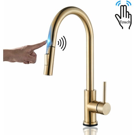 ZAMERY Touch Sensor Kitchen Tap Brushed Gold, Touch On Kitchen Mixer Tap with Pull Out Sprayer, 360° Swivel Tap for Kitchen Sink, Kitchen Sink Tap Pull Out Kitchen Sink Mixer Tap, Stainless Steel