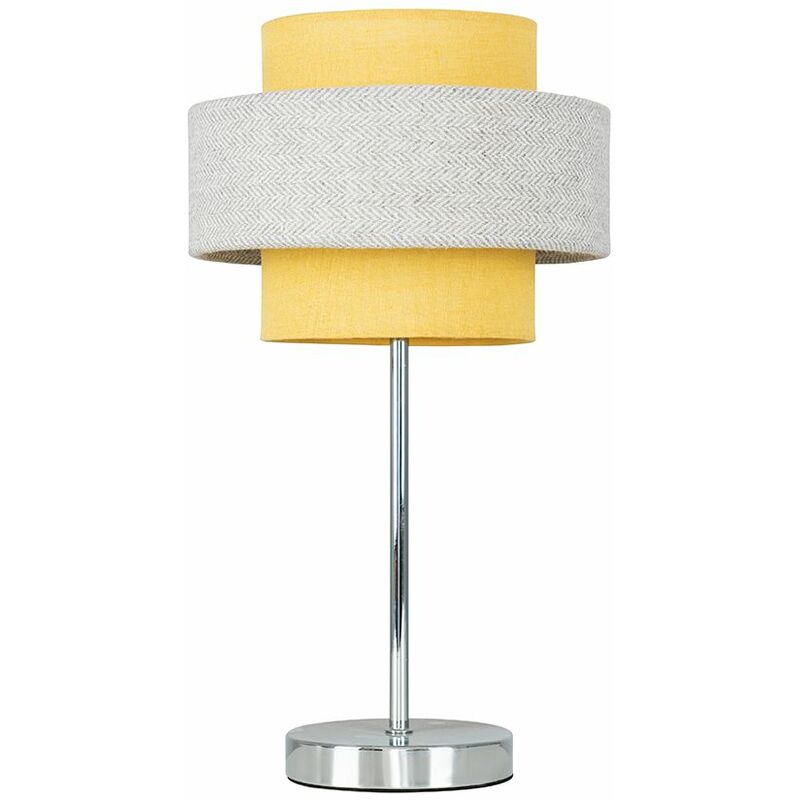 Touch Table Lamp Chrome Finish 4 Stage Dimmer 2 Tier Shades - Mustard & Grey - Including LED Bulb