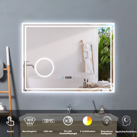 Touch Wandspiegel LED Badspiegel Lichtspiegel Spiegel Lichtspiegel Badezimmerspiegel Beschlagfrei+3 Lichtfarben Dimmbar+Uhr+3x Vergrerung Schminkspiegel+LED Memory Funktion 80 x 60 cm