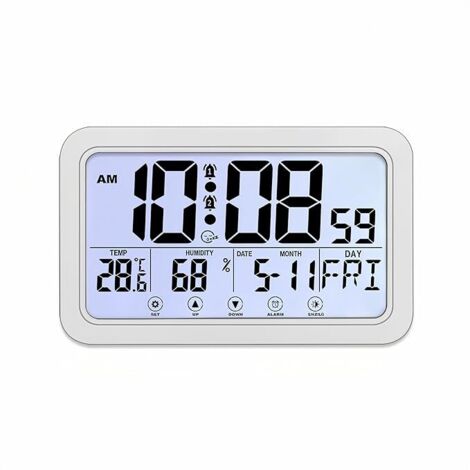 Touchscreen-Wecker mit Nachtlicht, Temperatur-, Luftfeuchtigkeits-, Datums- und Uhrzeitanzeige, zum Aufhängen oder Aufstellen