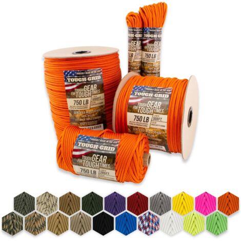 TOUGH-GRID PC100 340kg Paracord - 100% Nylon Militärspezifikationen Typ IV - für Militär, Camping, Kunsthandwerk, Hängematten, Notfälle - Neon Orange