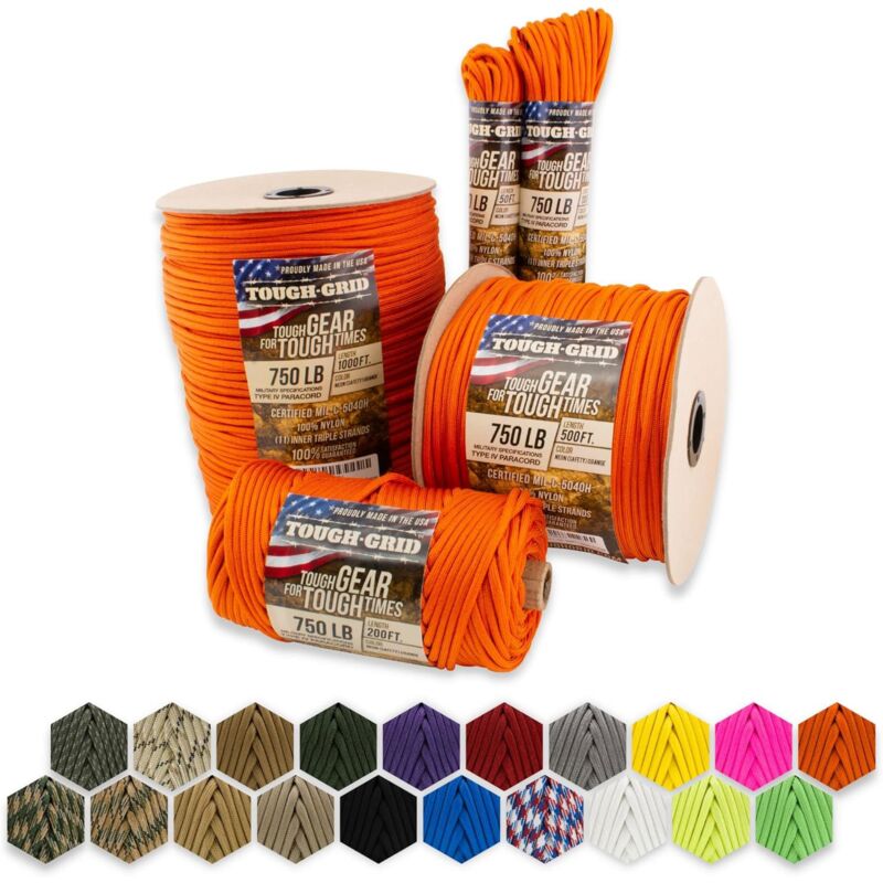 Tough-Grid Pc100 340kg Paracord - 100% Nylon Militärspezifikationen Typ Iv - Für Militär, Camping, Kunsthandwerk, Hängematten, Notfälle - Neon Orange -