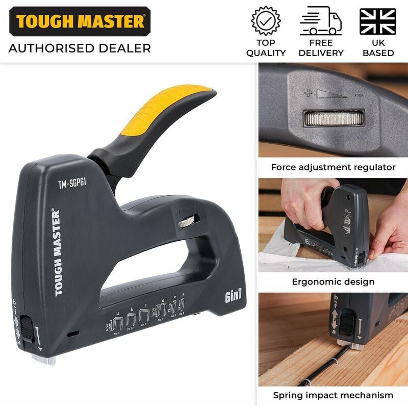 6 in 1 Heavy Duty Staple Gun with Adjustable Force Black diy Upholstery Craft