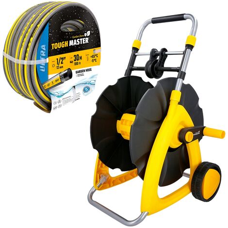 TOUGH MASTER Hose Reel Cart Hose Trolley with hose guide & telescopic  handle + 30m/100ft Reinforced Hose Pipe 3 layer