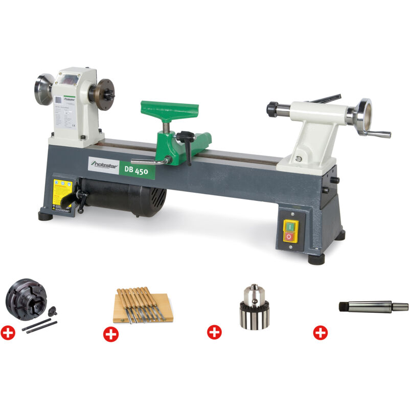 Holzstar - Pack tour à bois 254x450mm + mandrin 4 mors 100 mm + jeu 8 burins + mandrin à couronne + arbre DB450 pack