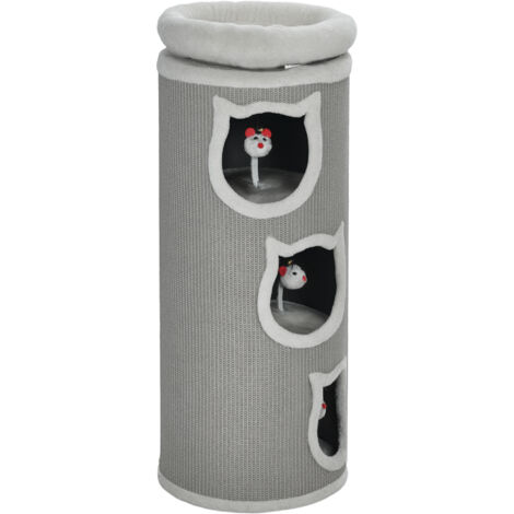 Tour à chat 4 niveaux 96 cm, arbre à chat gris avec 3 cachettes, lit lavable, jouet suspendu, pour plusieurs chats