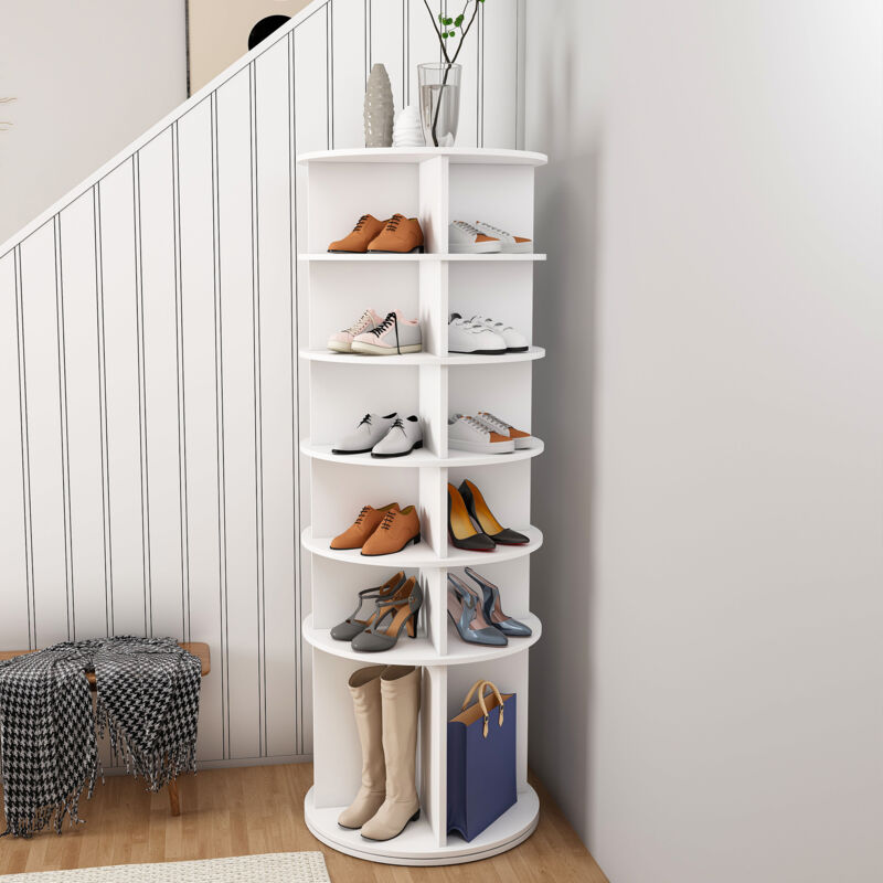 Tour à chaussures rotative 60 x 60 x 161 cm, 360°, 24 paires, PVC blanc, base extra-haute